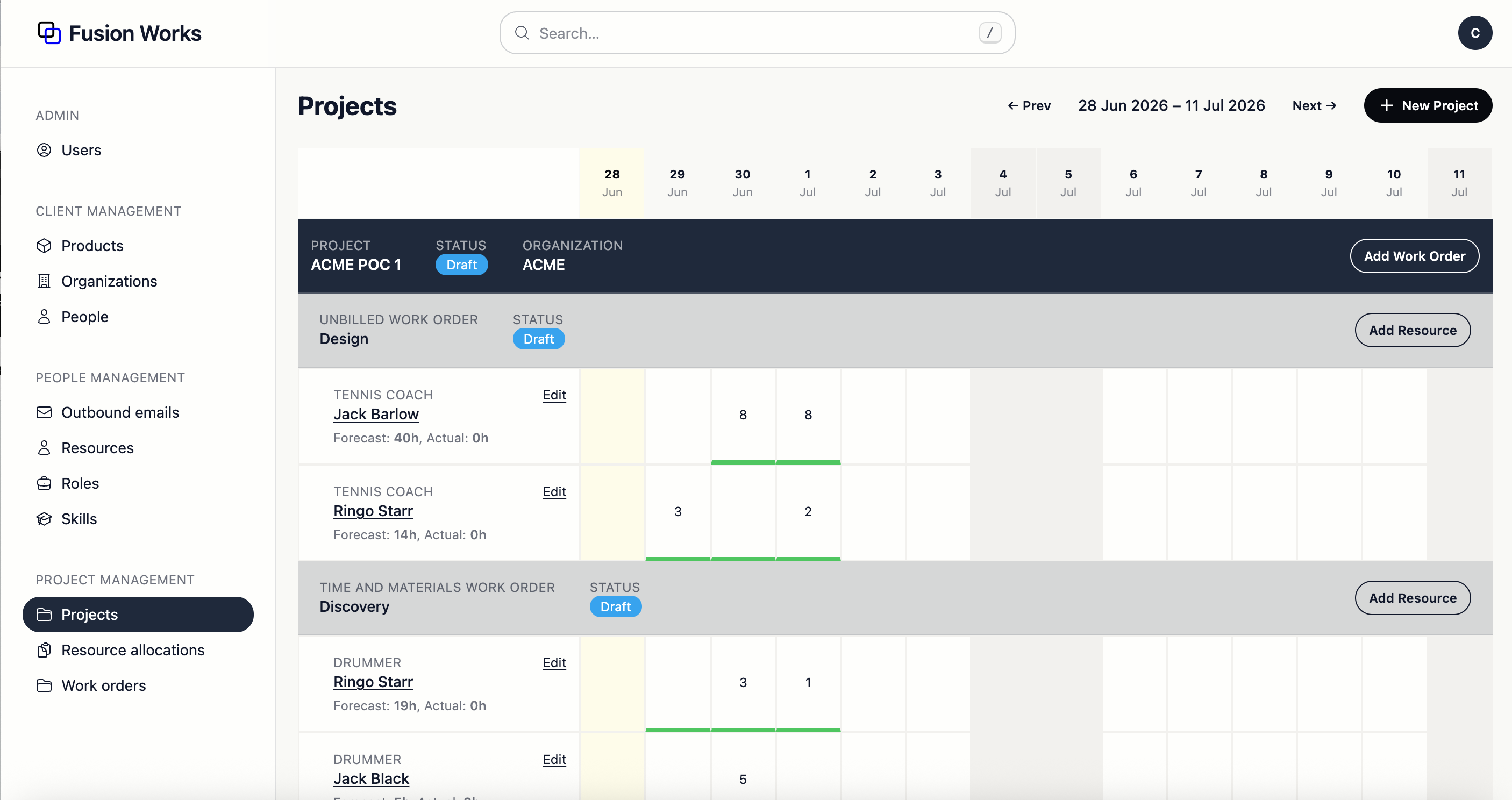 Fusion Works — Projects planning view